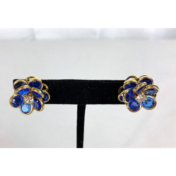 Vintage Avon Rhinestones Flower Petal Stud Earrings Blue Clip on - Picture 5 of 7